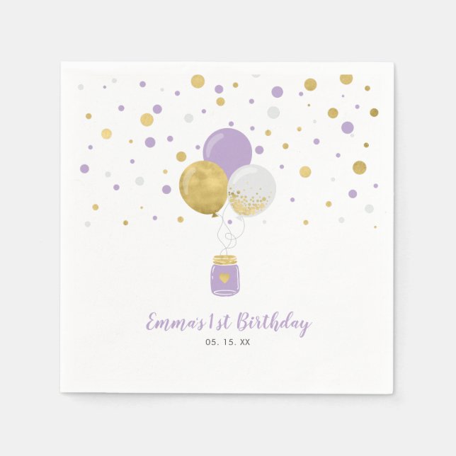 Serviette En Papier Ballons d'or et de violet & Fille Confetti Anniver (Devant)