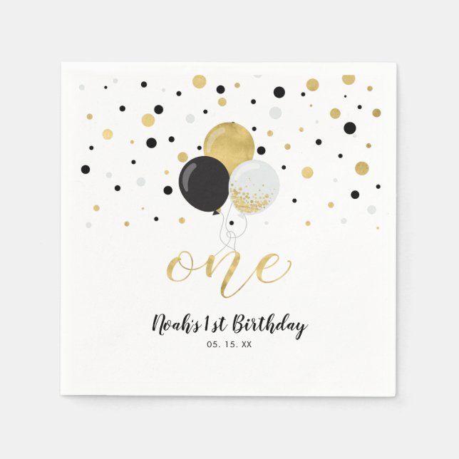 Serviette En Papier Ballons dorés et noirs, Confettis Garçon 1er Anniv (Devant)