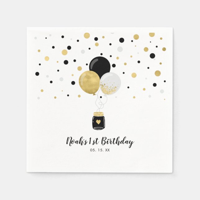 Serviette En Papier Ballons dorés et noirs et confettis pour l'anniver (Devant)