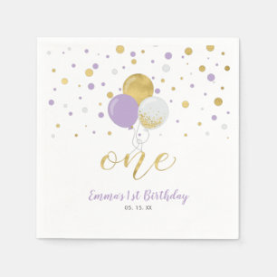 Serviette En Papier Ballons dorés et violets, Confettis Fille 1er Anni