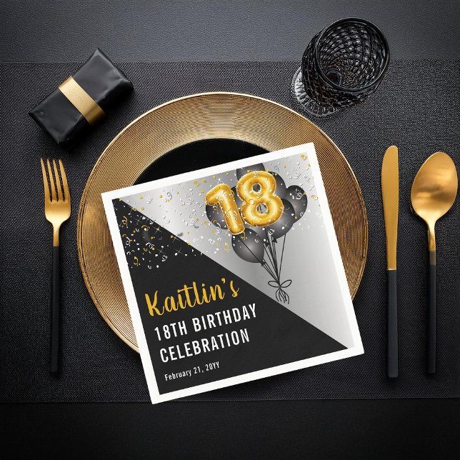 Serviette En Papier Ballons élégants Noir | Gold 18th Birthday Party (Elegant Black Balloons and Gold Tone Balloon Numbers 18th Birthday Party Paper Napkins)