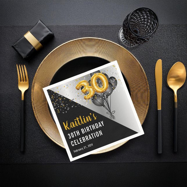 Serviette En Papier Ballons élégants Noir | Gold 30th Birthday Party (Elegant Black Balloons and Gold Tone Balloon Numbers 30th Birthday Party Paper Napkins)