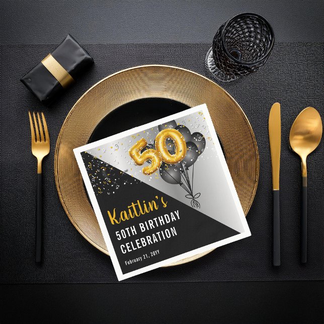 Serviette En Papier Ballons élégants Noir | Gold 50th Birthday Party (Elegant Black Balloons and Gold Tone Balloon Numbers 50th Birthday Party Paper Napkins)