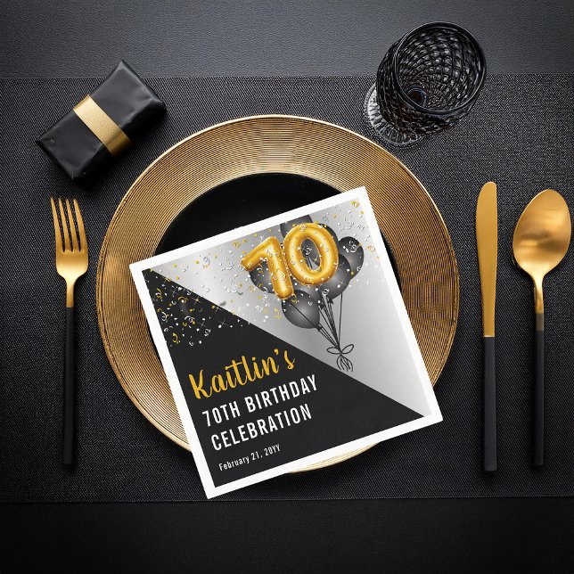 Serviette En Papier Ballons élégants Noir | Gold 70th Birthday Party (Elegant Black Balloons and Gold Tone Balloon Numbers 70th Birthday Party Paper Napkins)