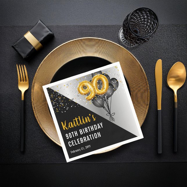 Serviette En Papier Ballons élégants Noir | Gold 90th Birthday Party (Elegant Black Balloons and Gold Tone Balloon Numbers 90th Birthday Party Paper Napkins)