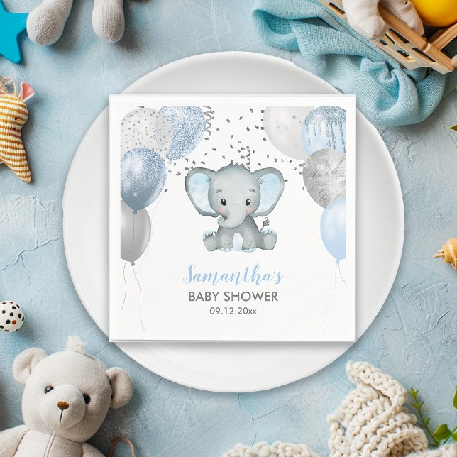 Serviette En Papier Ballons éléphants Baby showers mignons (Cute Baby Shower Elephant Boy Balloons Napkin)