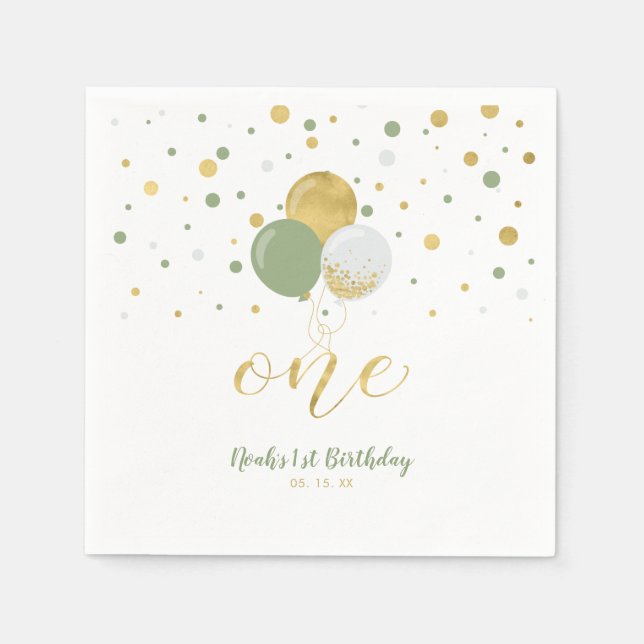 Serviette En Papier Ballons Gold & Sage, Confetti Garçon 1er anniversa (Devant)