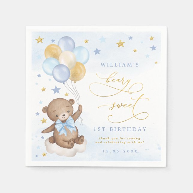Serviette En Papier Ballons Ours Teddy Bleu Gold Stars Anniversaire (Devant)