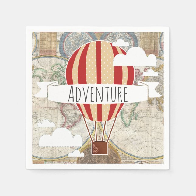 Serviette En Papier Balloon à air chaud et carte du monde Aventure Vin (Devant)
