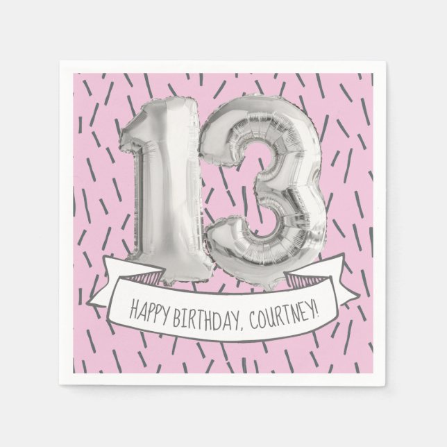 Serviette En Papier Balloon rose et gris Filles 13e anniversaire (Devant)