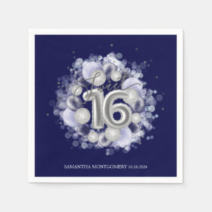 Serviette En Papier Balloons Anniversaire 16 Ans Feuille d'Argent Bleu
