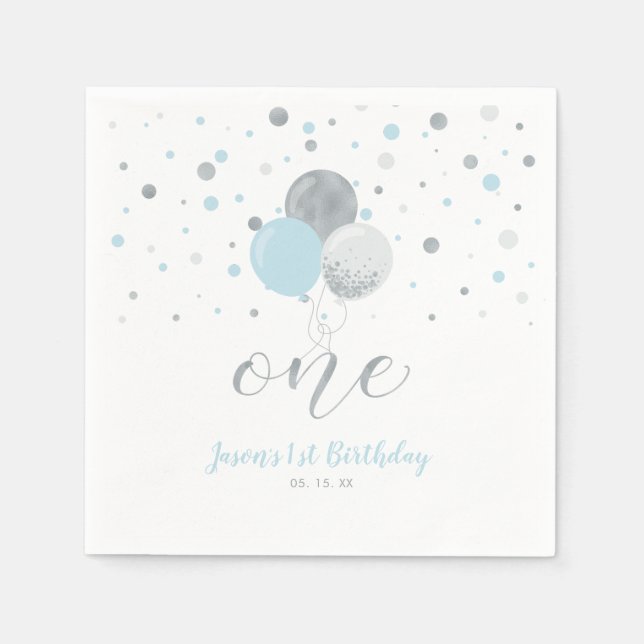 Serviette En Papier Balloons Argent Et Bleu Confettis Garçon 1er Anniv (Devant)