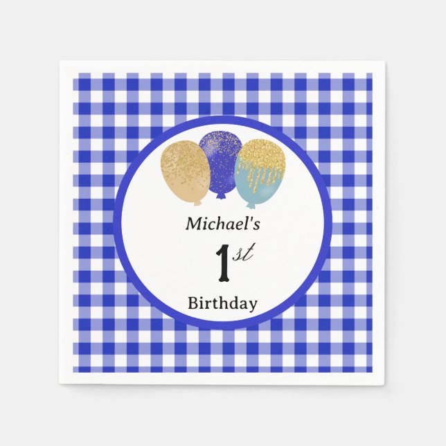Serviette En Papier Balloons & Blue Gingham 1er Anniversaire (Devant)