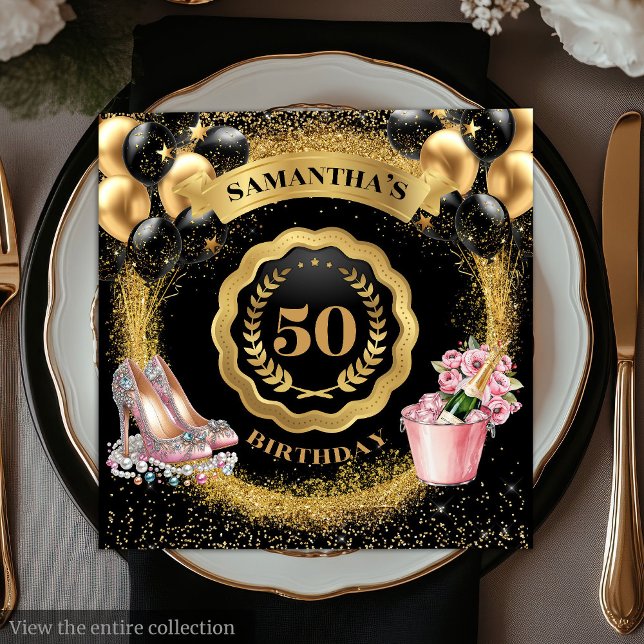 Serviette En Papier Balloons en or glam serviettes avec talons vifs (Glam Gold Balloons Napkins with Blush High Heels

)