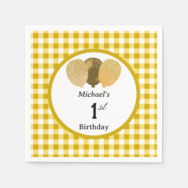 Serviette En Papier Balloons et Gingham Jaune 1er Anniversaire (Devant)