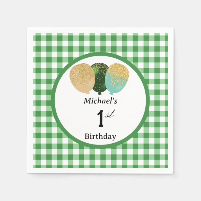 Serviette En Papier Balloons & Green Gingham 1er Anniversaire (Devant)