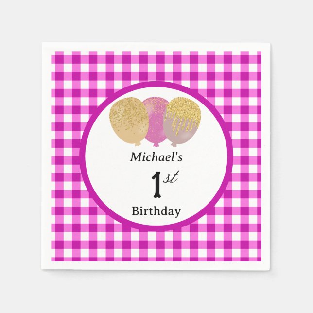 Serviette En Papier Balloons & Pink Gingham 1er Anniversaire (Devant)