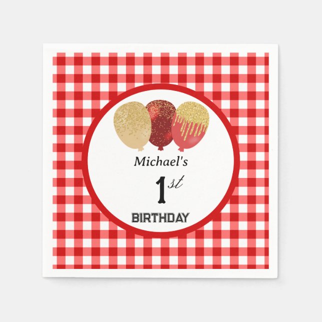 Serviette En Papier Balloons & Red Gingham 1er Anniversaire (Devant)