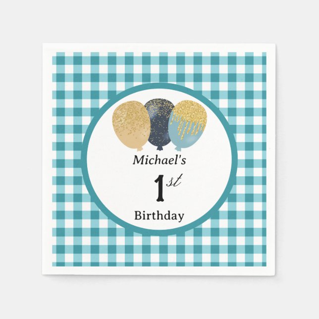 Serviette En Papier Balloons & Teal Blue Gingham 1er Anniversaire (Devant)