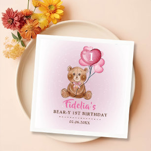Serviette En Papier Ballotte d'ours en Teddy rose 1er anniversaire