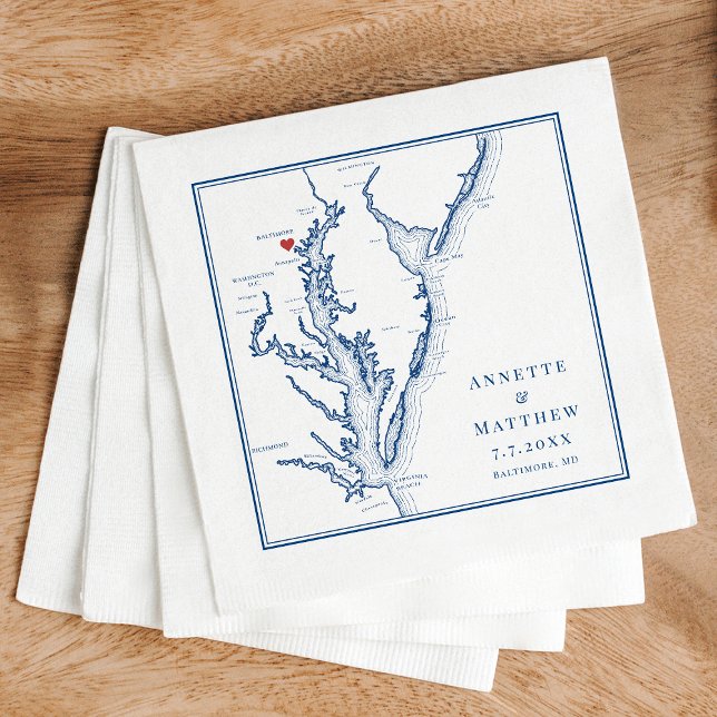 Serviette En Papier Baltimore Maryland Map Elégant Mariage bleu marine (Baltimore Wedding Napkins Personalized Chesapeake Bay Map Napkins in elegant navy blue )