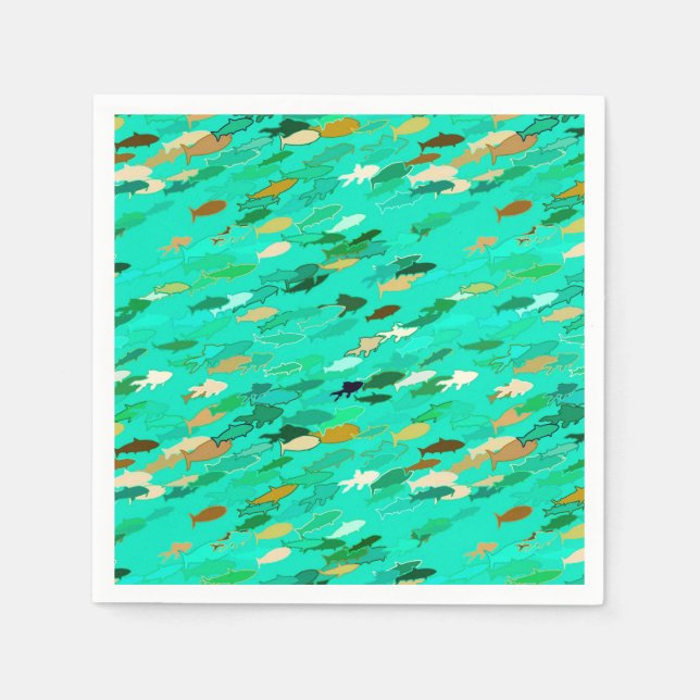 Serviette En Papier Banc de poissons, Aqua, Vert et Or (Devant)