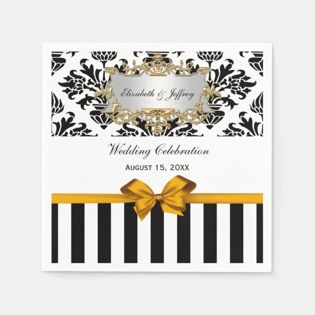 Serviette En Papier Bande noire blanc Damask Goldenrod Ruban (Devant)