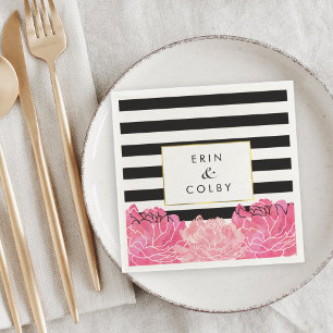 Serviette En Papier Bande noire et pivoine rose