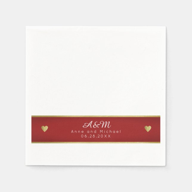 Serviette En Papier Bande rouge monogramme chic sur mariage blanc (Devant)
