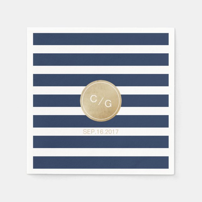 Serviette En Papier Bandes bleu marine simple mariage moderne monogram (Devant)