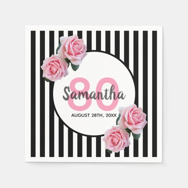 Serviette En Papier Bandes noires fleurs roses nom 80e anniversaire (Devant)