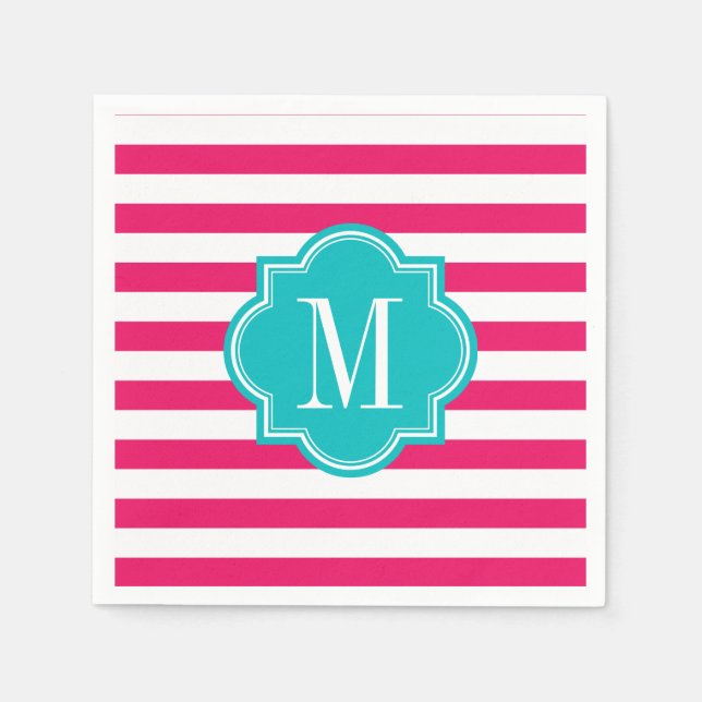Serviette En Papier Bandes roses chaudes avec Monogramme Turquoise (Devant)