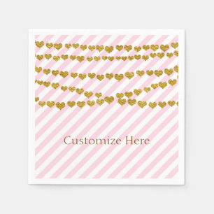 Serviette En Papier Bandes roses et blanches avec Gold Hearts Party