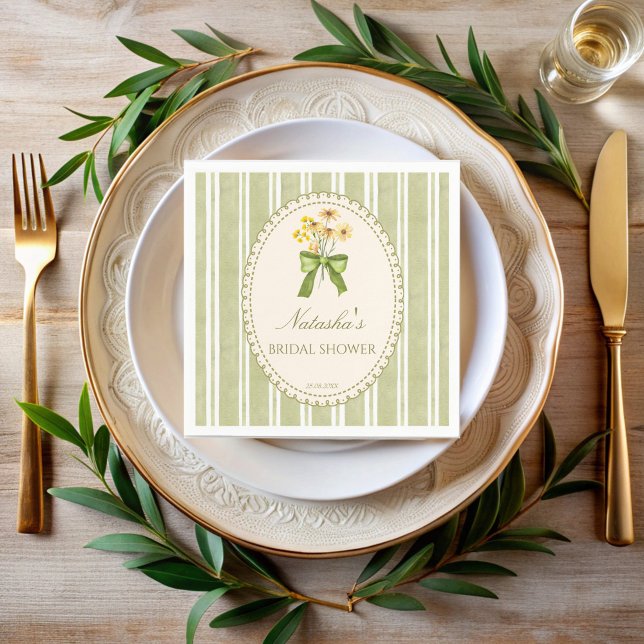 Serviette En Papier Bandes vert sauge mariage douche personnalisé (Sage green stripes grand millennial retro bridal shower personalized napkins personalized decor)