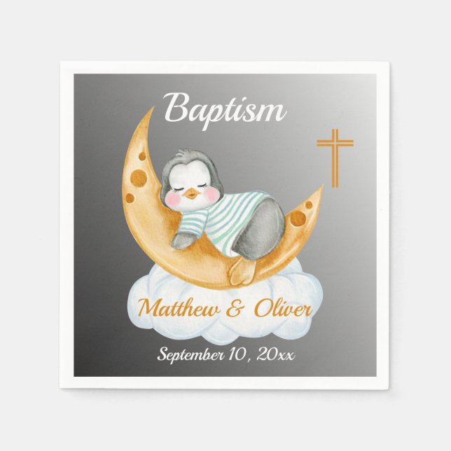 Serviette En Papier Baptême Adorable Bébé Manchot Et Lune  (Devant)
