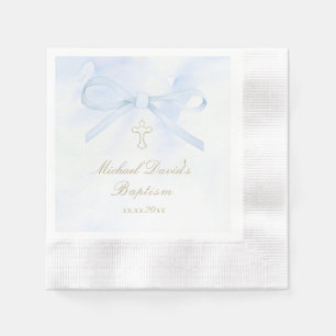 Serviette En Papier Baptême aquarelle bleu noeud