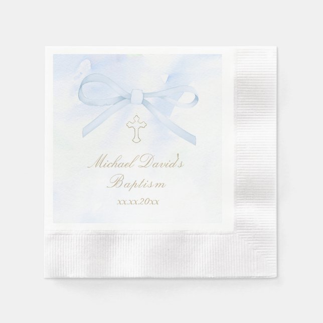 Serviette En Papier Baptême aquarelle bleu noeud (Devant)
