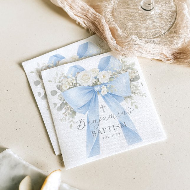 Serviette En Papier Baptême bébé garçon à l'arc bleu Eucalyptus (Créateur téléchargé)