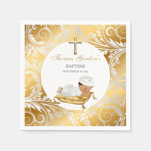 Serviette En Papier Baptême bébé garçon ethnique Or Argent (Devant)