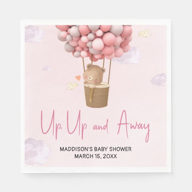 Serviette En Papier Baptême Bébé Montgolfière Rose en Vol (Devant)