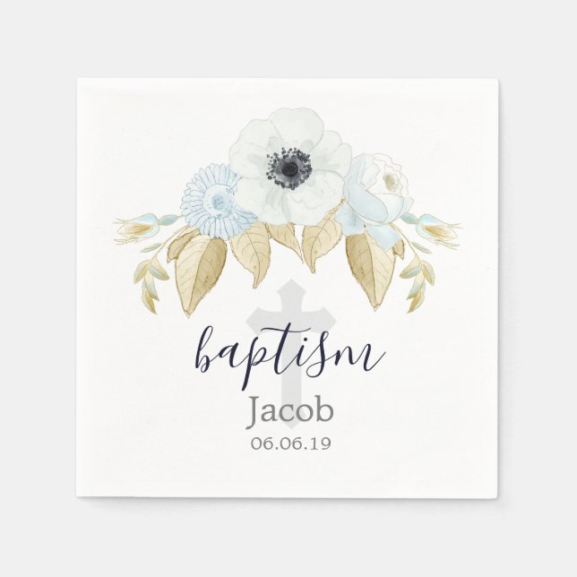 Serviette En Papier Baptême Bleu & Blanc Floral Cross Baby (Devant)