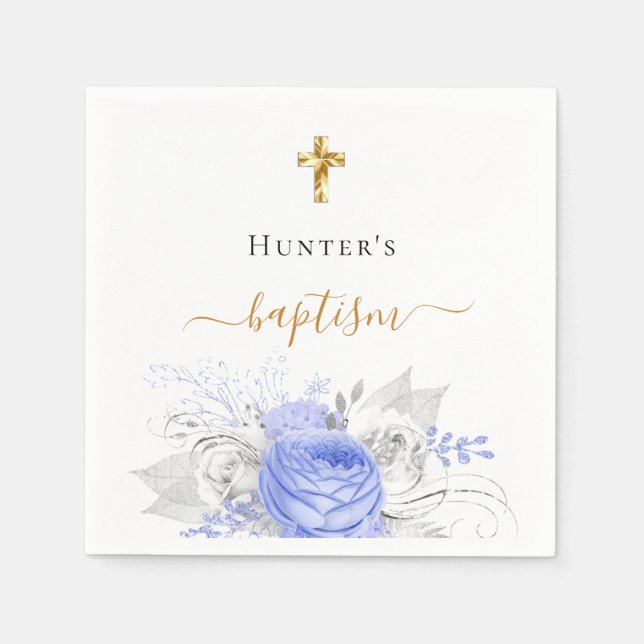 Serviette En Papier Baptême bleu floral blanc élégant nom script garço (Devant)