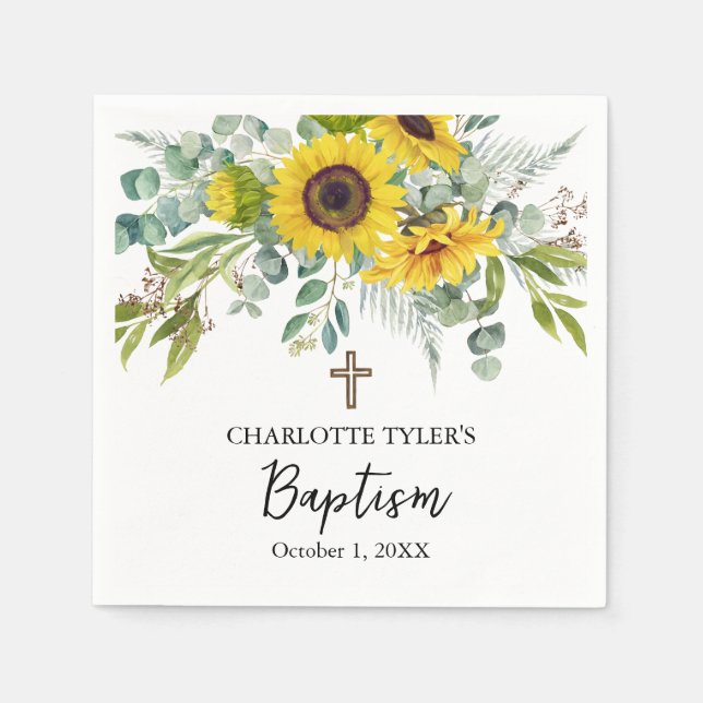 Serviette En Papier Baptême bohème Croix Tournesol & Eucalyptus (Devant)