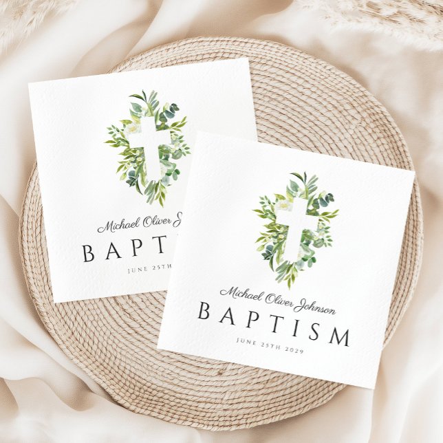 Serviette En Papier Baptême botanique religieux croisé vert (Religious Cross Green Botanical Baptism Napkins)