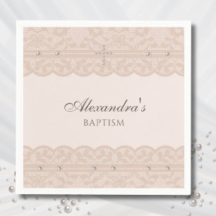 Serviette En Papier Baptême chrétien élégant beige croix