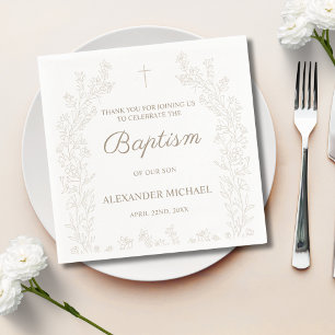 Serviette En Papier Baptême chrétien floral croix dorée élégant