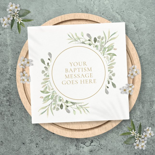 Serviette En Papier Baptême Christening Aquarelle Eucalyptus Verdure (Greenery Eucalyptus Watercolor Baptism Christening Napkins)