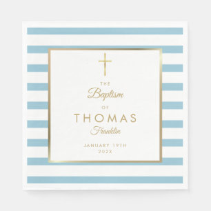 Serviette En Papier Baptême Christening Blue Stripe Gold Cross