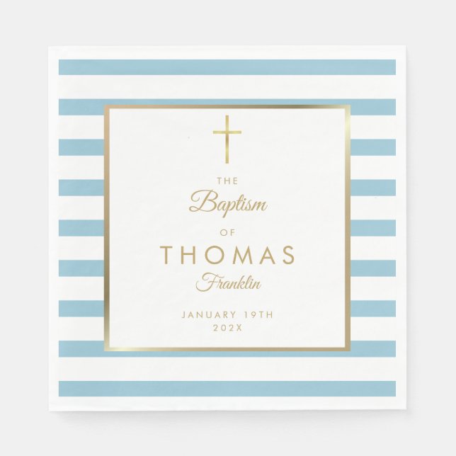 Serviette En Papier Baptême Christening Blue Stripe Gold Cross (Devant)