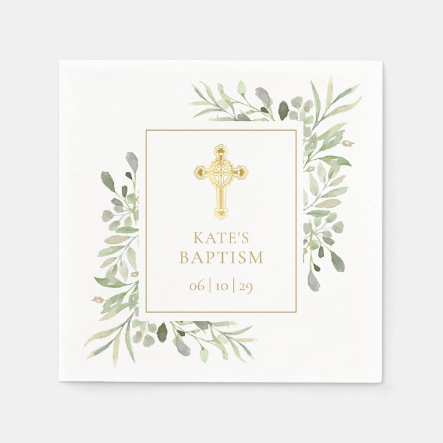 Serviette En Papier Baptême Christening Croix Dorée Feuillage (Devant)